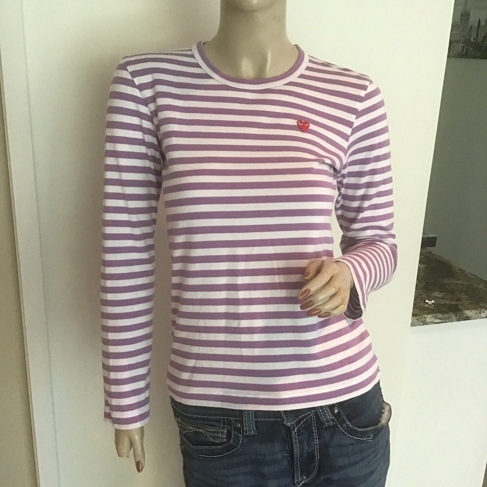 Comme des Garcons PLAY Striped Long Sleeve T-Shirt Purple White Heart Logo S